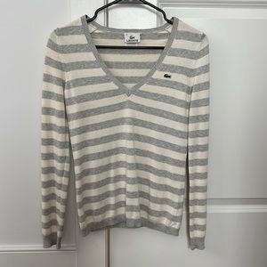 Lacoste women’s grey and white stripped v-neck sweater